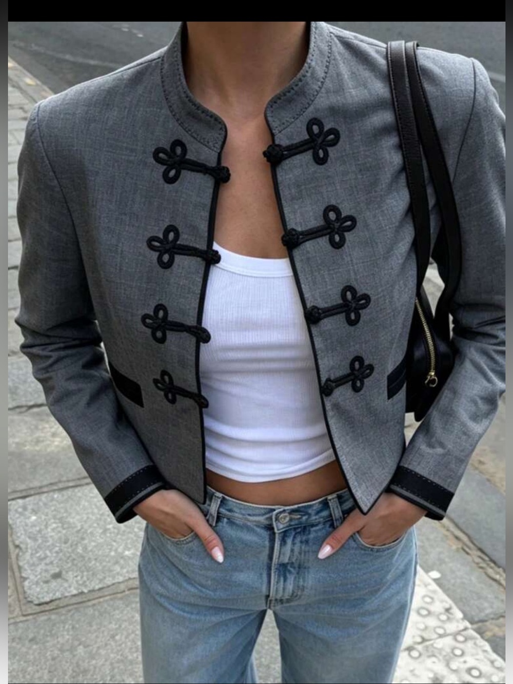 Zara NWT viral wool blend Gray & black Frog clasp button blazer - Picture 4 of 11